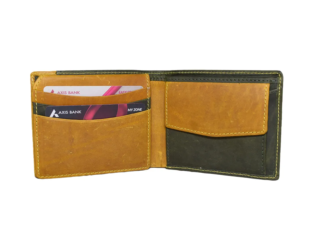 William Men’s Leather Wallet Olive Green & Yellow - BIMW160