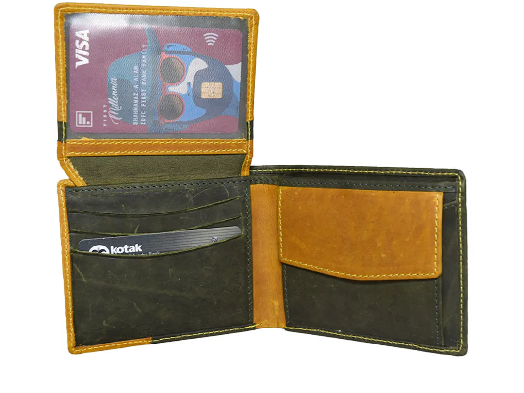 William Men’s Leather Wallet Olive Green & Yellow - BIMW160